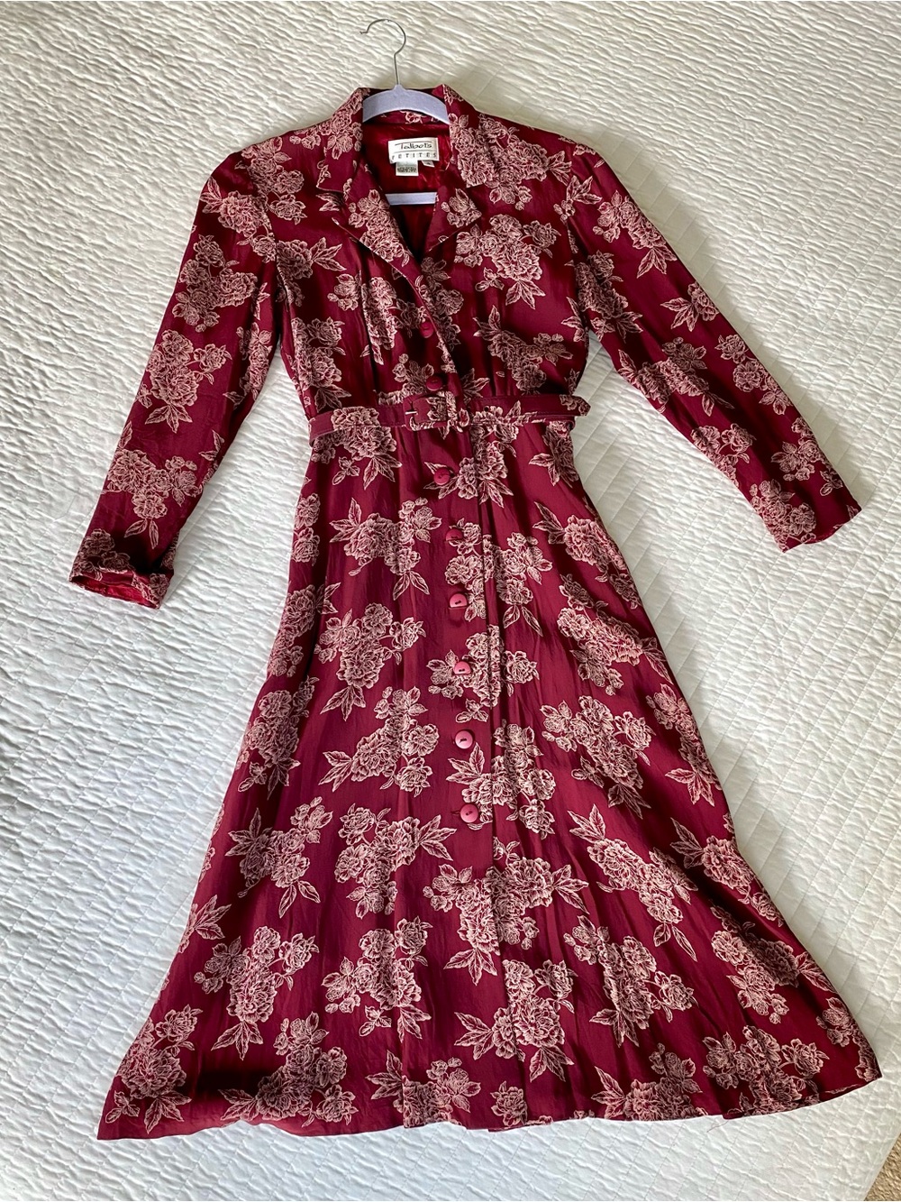 Vintage 80s 90s Talbots Petites Burgundy Floral Midi Dress XS S Belted